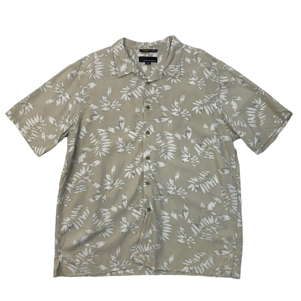 Vintage Greg Norman Polo Shirt Mens XL Extra Large Khaki Leaf Motif Polynosic